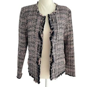 IRO Jocund Tweed Collarless Distressed Pink Black Jacket Blazer 38